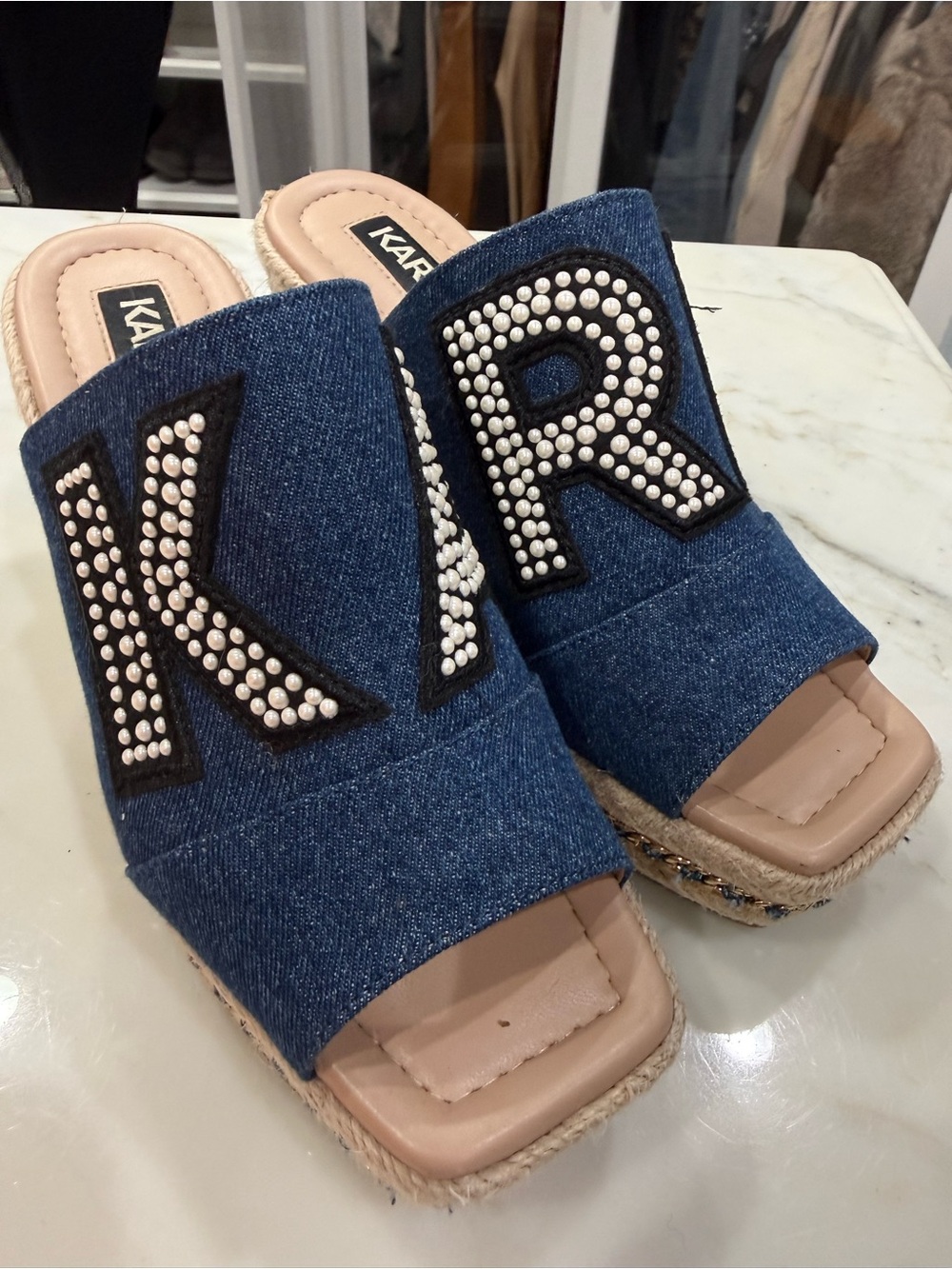 KARL LAGERFELD Faux Pearl Logo Espadrille Wedge Sandals